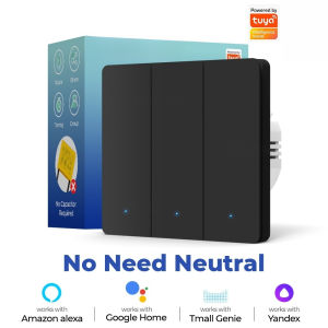 2026 NEW Tuya Smart Switch Light No Neutral Wire No Capacitor required 1/2/3 gang Smart Life APP Wall On Off Switch Magnetic Latching Relay Electrical voice control For Alexa/Google Home/天猫精灵 Wi-Fi Version