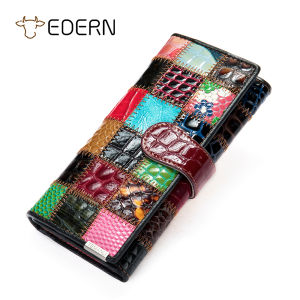 EDERN Womens Genuine Leather Wallet Retro Patchwork Clutch Bags for Women Coin Purses Ladies Long Wallets Cellphone Wallet Card Bag