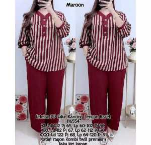 Setelan Rayon Twill 116554 - Set Salur wanita - Lengan Panjang Karet - Celana Polos