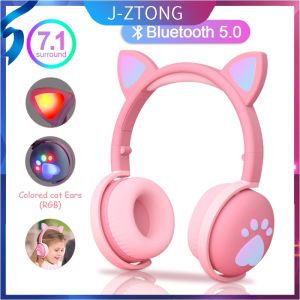 { PHK } Wireless headphones Luxury LED dazzling lovely cat ear headphone advanced music headset Bluetooth 5.0 foldable stereo subwoofer built-in mic gift box packaging