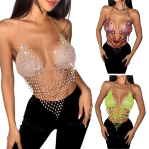 Women Mesh Rhinestones Bra Crop Top Backless Halter Fishnet Tank Top See Through Bikini Cover Up Night Out Party Outfit