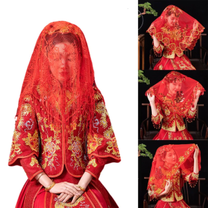 ผ้าคลุมหน้าเจ้าสาวงานแต่งงานจีนละเอียดอ่อนสำหรับผู้หญิงผ้าคลุมหน้าเจ้าสาวมีลายปักผ้าโปร่งสีแดงรัดเกลีแต่งงานแบบจีน