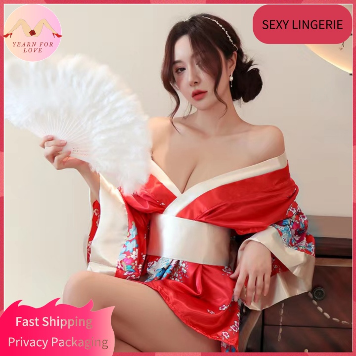 Lingerie sexy printed kimono uniform Japanese open front low neck  perspective seductive bathrobe pajamas