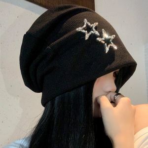 NEXTYOO Elastic Star Beret Hat Bling Bling Decor Ear Protection Star Beanie Cap Y2K Style Warm Knit Cross Beret Cap For Women Girls
