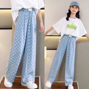 New Korean Loose Pants for Kid Girl Summer High Quality Wide Leg Pants Maong Pants Ice Silk Casual Baggy Trousers 7-16yrs