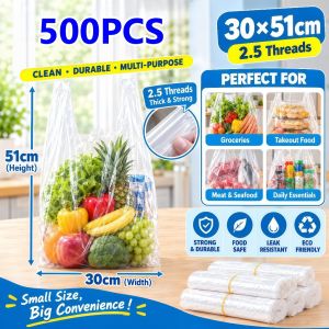 500PCS White Plastic Bag Food Price Tote Bag Large Thick Transparent Vest Bag Thickened Plastic Bag Food Container Packaging Bag High Quality White Plastic Bag Transparent Vest Handbag