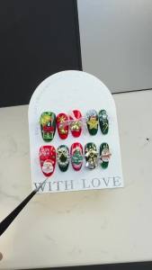 【HANDMADE+Free Glue】Medium Oval Press on Nails Christmas Bow Santa Claus Merry Christmas Artificial Nail Phototherapy Fake Nail Patch Nails Reusable