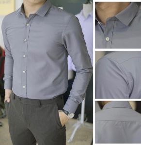 Sơ mi dài tay nam màu xanh lam hoàng hôn dáng Hàn Quốc vải cotton lụa trơn mát chống nhăn không xù