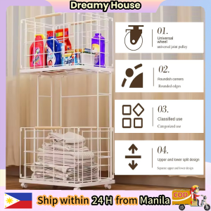 2 Tier Dirty Clothes Storage Basket with Wheels Movable Clothes Storage Laundry Hampers Towel Rack with Handle Laundry Rack for Bathroom Balcony Washing Room