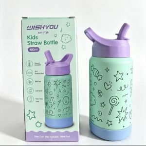 480ml Kids Cartoon Stainless‑Steel Thermos Straw-Drinking Leak‑Proof Vacuum Insulated Water Bottle