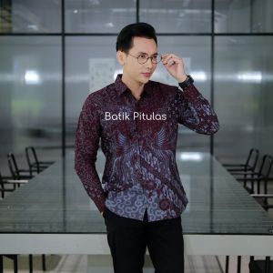 PEKSI KEMBAR MERAH BURGUNDI BAJU BATIK PRIA MEWAH LENGAN PANJANG LAPIS FURING BAJU BATIK VIRAL 2025