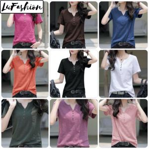 LuFashion Tops for Women Summer Button Korean V-neck Short Sleeve Casual T-Shirts