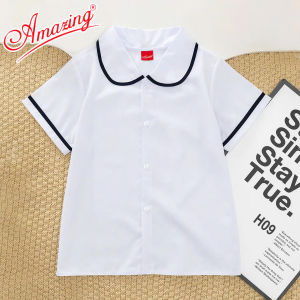 Áo trắng cổ lá sen cho bé gái đi họcvải kate silk hút mồ hôi tay phồng size từ 18kg đến 60kg