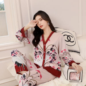 XXL Plus Size Ice Silk Pajamas Womens Long Sleeve Printed · Fashion Satin Can Be Outworn Sleepwear