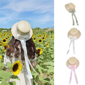 Wide Brim Straw Boater Hat Women TeaParty SunHat Bows Straw Hat Ribbon Straw Hat Summer Straw Beachs Hat SunHat