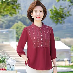 Three Quarter Sleeve Mom Summer Clothes Stylish Shirts Chiffon Shirts Middle Age Women Plus Size New Fashion Short Sleeve Tops