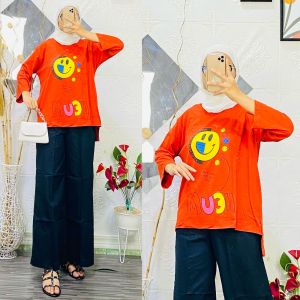 Dayana Set I Setelan Wanita Casual Muslimah – Tunik Lengan Panjang Motif Smile & Celana Kulot Polos Nyaman Harian