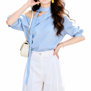 Women Off Shoulder Chiffon Blouse Blue - Light blue blouse with off-shoulder design chiffon fabric long sleeves tied waist worn with white wide-leg pants. Outdoors by the sea with flowers.