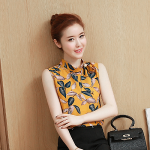 เสื้อเบลาส์ผ้าชีฟองของผู้หญิงเสื้อยืดทรงหลวมพิเศษพิมพ์ลายใบไม้คอตั้งแขนกุดลำลอง
