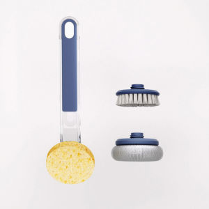 👍1 Pot Brush + 3 Replaceable Head 👍 Replaceable Washing Pot Brush Kitchen Cleaning Tool Long Handle Brush with Refill Sponge Wash Dish Scrubber