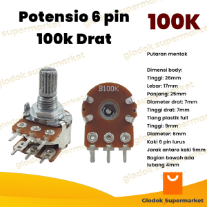 Potensio 6 pin 100k Drat Stereo Kaki 3-3 Lurus Volume Mixer 104
