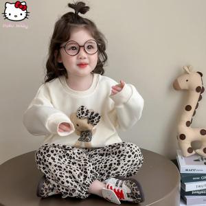 Christmas gifts Halloween Kawaii Hello Kitty Autumn New Leopard Print Casual Outfit Set Sanrio Anime Girls Bow Cartoon Sweet Sweatirt Trousers Pullover