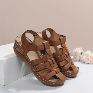 Cut-out Round Toe Platform Sandals Womens Wedge Velcro Medium Old and Young Beach Sandals
