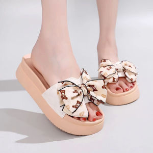 Free Shipping [ 5Cm Thick Sole] New Bowknot Slippers For Women Summer Outdoor Fashionable Height-Increasing Non-Slip Sandals