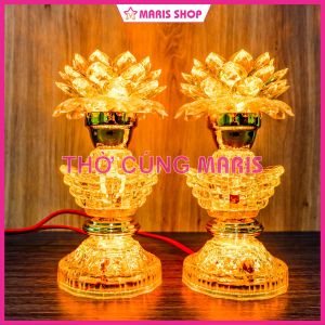 [Giá một cặp] Đèn thờ hoa sen LED MÀU VÀNG 3 tầng hình thỏi vàng cao 20cm để bàn thờ Phật đèn thờ cúng [MRHTS23-VANG]