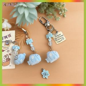 RUASA Cute Cartoon Flocking Small Fish Bead Pendant Keychain Kawaii Beaded Mobile Phone Chain Ornament Decoration Accessories Gifts