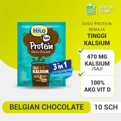 HiLo Teen Protein Belgian Chocolate 3 in 1 10 sachet - Susu Rasa Cokelat Belgia Tinggi Kalsium dengan Whey Protein