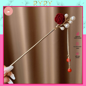 Trâm Cài Tóc Đính Hoa Hồng Đỏ Tua Rua Phong Cách Trung Hoa Thời Trang Cho Nữ - Trâm Tết Noel Giáng Sinh