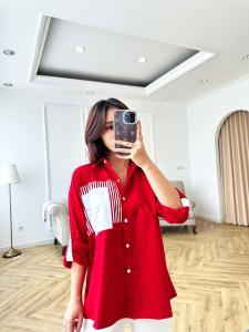 SJM KEMEJA MERAH PUTIH POCKET FULL KANCING HIDUP MERAH PUTIH LENGAN LIPAT KATUN POPLIN 8216