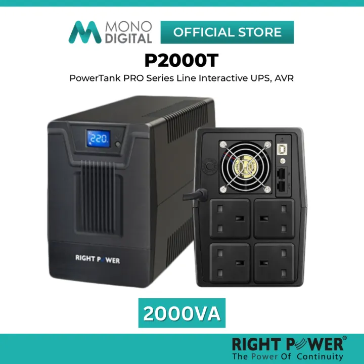 RIGHT POWER 2000VA UPS (POWERTANK PRO P2000T) AVR AVS AUTOMATIC VOLTAGE STABILIZER REGULATOR WITH 4 BRITISH UK OUTPUT, 1 USB PORT & POWER MANAGEMENT SOFTWARE.
