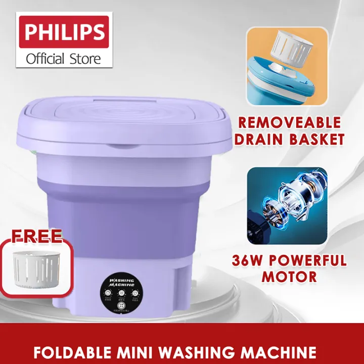 เครื่องซักผ้า philips  mini พกพา ปั้นแห้ง 6.5L พับได้ แถมตะกร้า ท่อน้ำทิ้ง portable washing machine ถังซักผ้ามินิ