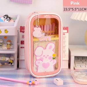 Kawaii Transparent PVC Pen Bag Korean Style PU Leather Pencils Case Large Capacity Stationery Pouch for Girls Cute Cartoon Design Back To School Supplies Organizer