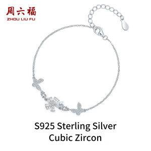 ZHOU LIU FU 周六福 S925 Sterling Silver Bracelets Cubic Zircons Cute Flower Butterfly Link Bracelet for Women Girl 16+3cm J0713762/J0713763