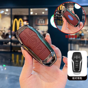 Genuine Leather Zinc Gray Alloy Smart Car Key Fob Case Cover Shell Chain Protector Keychain For Ford Mustang Explorer Fusion F150 F-150 Edge Mondeo Keyless Remote Holder Buttons Protection