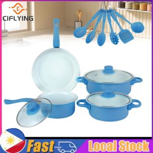 【Arrive In 1-3 Days】 12Pcs Non Stick Cookware Set Milk Pot Maifan Stone Frying Pan with Lid Cooking Pot Set Stackable Pot Set for All Hob