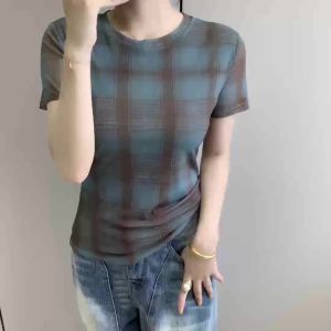 AMMIN 2025 Summer New Fashion Gauze Striped Plaid Print Short Sleeve Round Neck Stretch T-Shirt for Women Korean Style Casual Plus Size Geometric Print Elegant Blouse