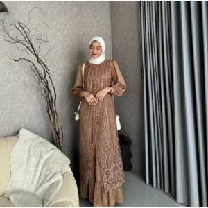 Gamis Brokat Motif Polkadot/Floral dengan Kerah Pita - Size M L XL XXL - Dress Pesta & Seragam Family