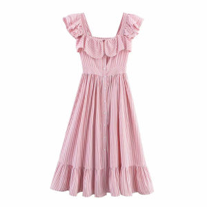 Casual Striped Ruffled Long Dress Women Sweet Button Square Neck Sleeveless Female Dresses 2026 Summer Vacation Lady Robe2026
