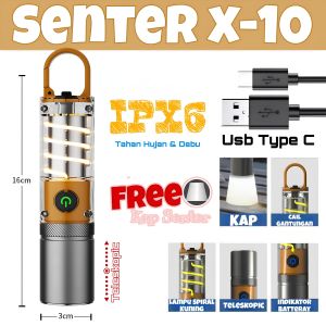 Senter Zoom X10 LED XHP50 800Lumen+200Lumen Teleskopic Super Terang Tahan Air Camping Outdoor Kemah
