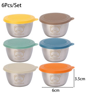 6Pcs Stainless Steel Salad Container / Small Bear Seasoning Container / with Silicone Leak-proof Lid / Reusable Sauce Cup for Lunch Bento Box / Picnic Travel Sauce Container