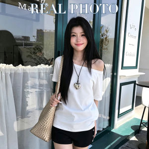 Womens Asymmetrical Off Shoulder Top Loose Short Sleeve Korean Style Casual Breathable Summer Top