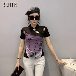 REHIN Womens top Niche design vintage plate button short sleeve shirt mesh slim fit elegant blouse