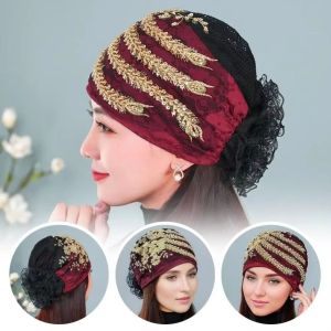HEALMEYOU Đuôi Phượng Hoàng Mũ ren hoa Mũ turban Thêu Khăn quàng đầu nữ Du lịch ngoài trời Lấp lánh Mũ che tóc beanie Quý cô