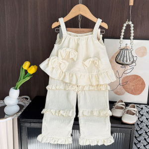 เสื้อเกาหลี Bear Leader สำหรับเด็กผู้หญิงสีทึบชุดกีฬา2ชิ้นชุดเสื้อผ้า2ชิ้นเสื้อและกางเกงเหมาะกับฤดูร้อนแต่งระบายสำหรับเด็กอายุ3ถึง7ปี