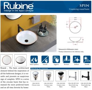 Rubine Bathroom Ceramic Countertop 40cm Round Basin SPIN40BBW (5yr warranty on Ceramic)