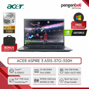 LAPTOP GAMING TYPE ACER ASPIRE 3 A315-57G-550H | DISPLAY 156" FULL HD (1920X1080) | I5-1035G1 | RAM 12GB | SSD 256 GB | BOOT UP LINUX | NVIDIA GEFORCE MX330 | WARNA BLACK